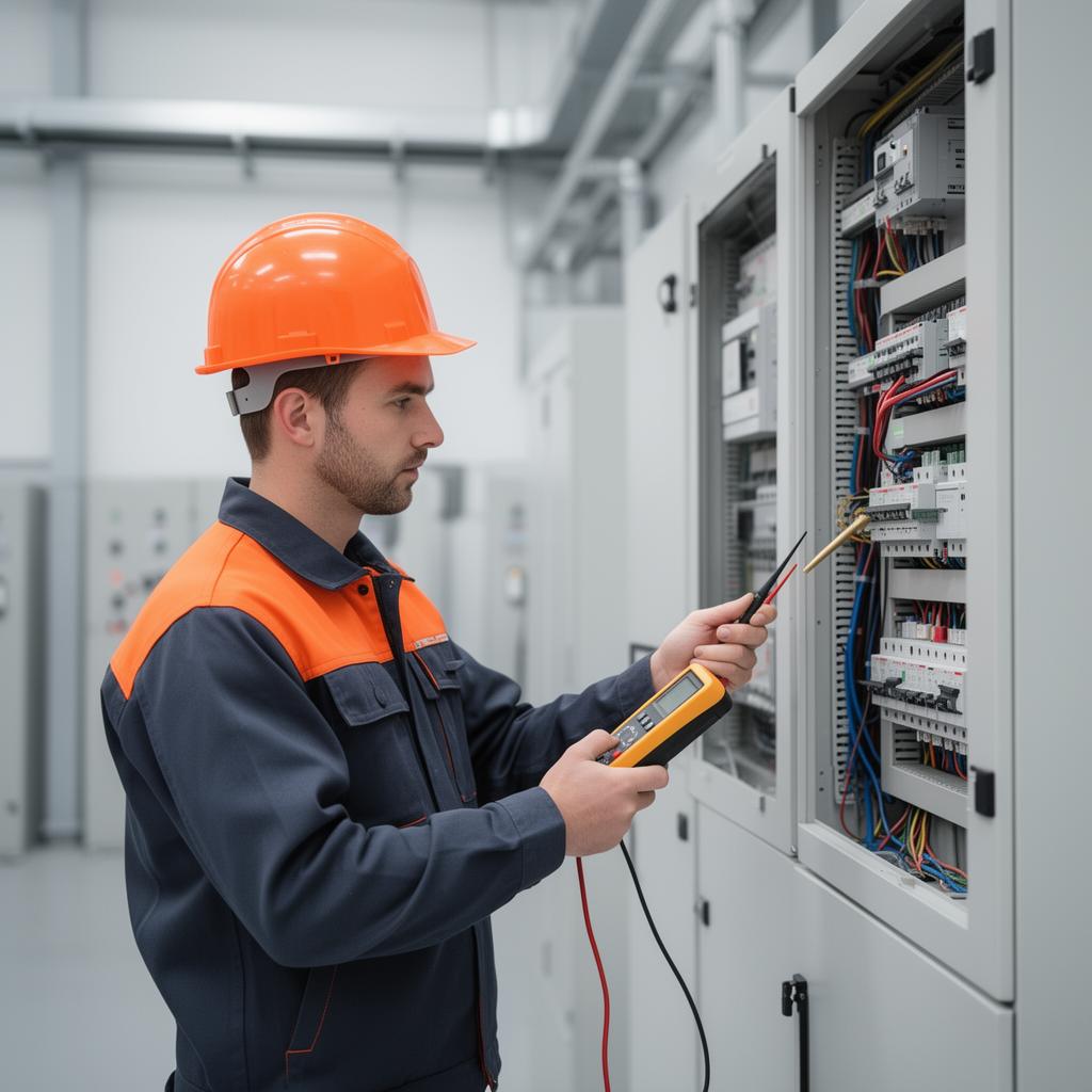 Técnico da EVL Para Raio inspecionando quadro elétrico industrial