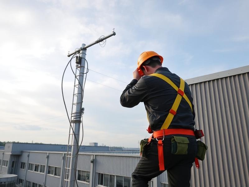 Técnico instalando para-raio em mastro de edificação industrial