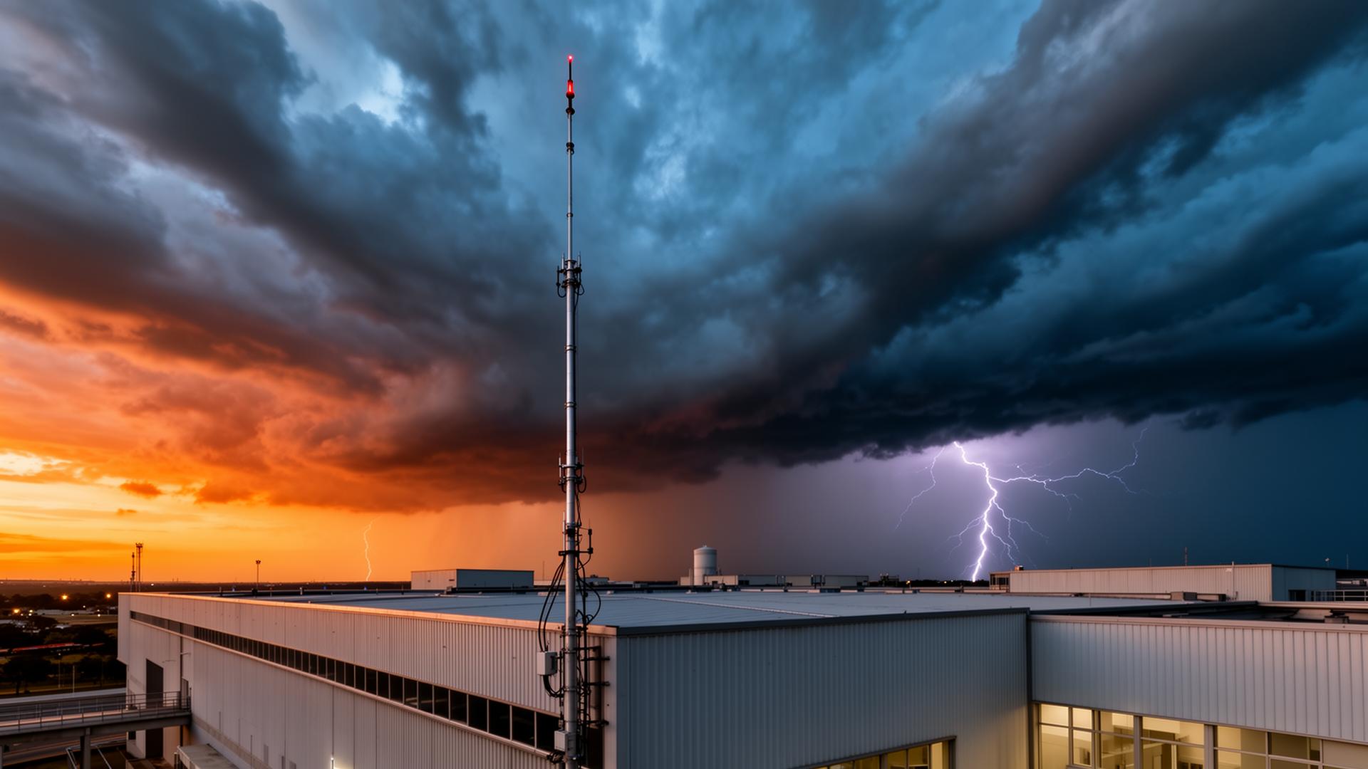Para-raio instalado em edificação industrial ao entardecer com céu de tempestade